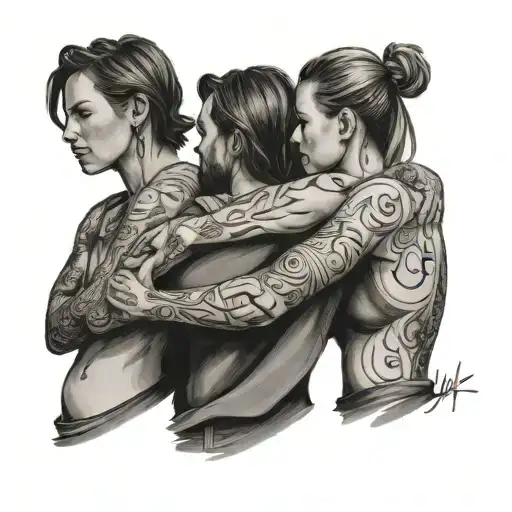 A tattoo design showcasing a group of friends standing together in unity, with a backdrop of an inspiring quote about friendship and support tattoo design idea