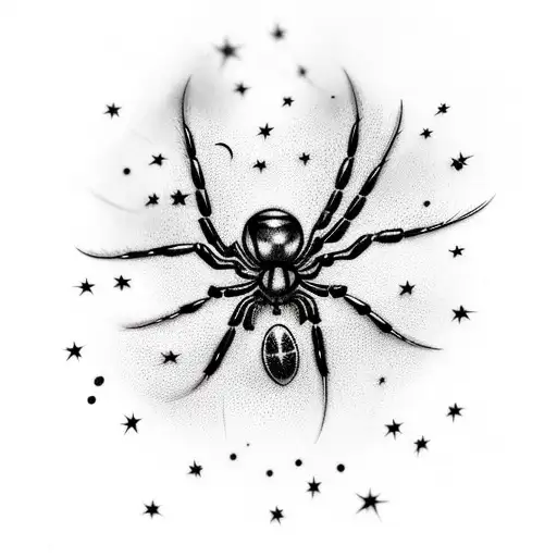 black widow spider hanging form a web with a shooting star flying around it tattoo design idea