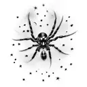 black widow spider hanging form a web with a shooting star flying around it tattoo design idea