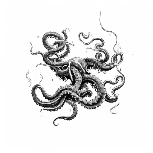 A majestic kraken emerging from the depths of the ocean, wrapping its tentacles around a vintage sailboat tattoo design idea