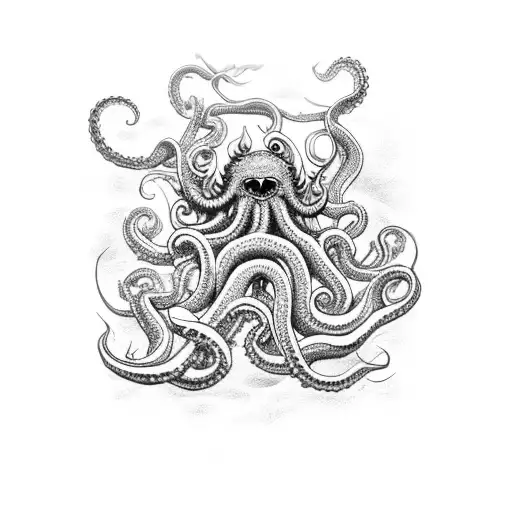 A majestic kraken emerging from the depths of the ocean, wrapping its tentacles around a vintage sailboat tattoo design idea
