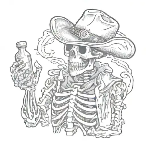 cowboy skeleton holding a  pill bottle tattoo design idea