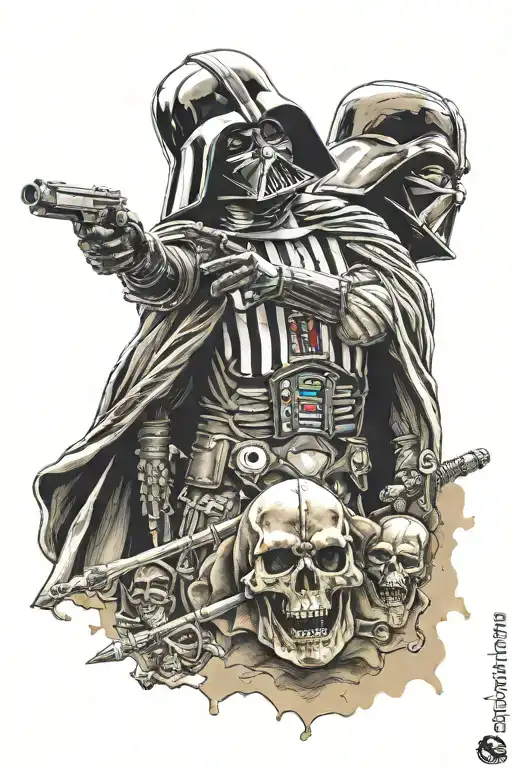skull and darth Vader in gladiator style tattoo design idea