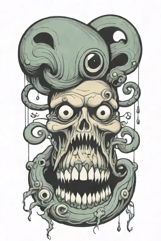 Lots of teeth, trippy,  weird eyes that are hanging off strings worm more eyes tattoo design idea