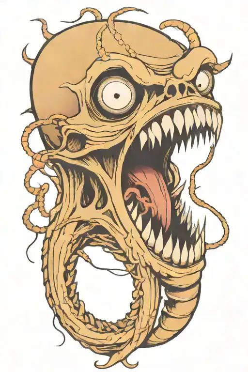 Lots of teeth, trippy,  weird eyes that are hanging off strings worm tattoo design idea