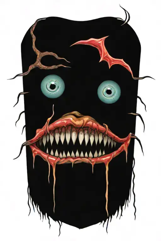 Lots of sharp pointed teeth trippy weird eyes hanging strings tattoo design idea