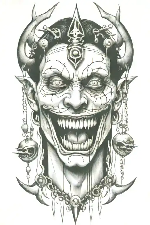 Lots of sharp pointed teeth, trippy,  weird eyes that are hanging off strings tattoo design idea