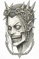 Lots of sharp pointed teeth, trippy,  weird eyes that are hanging off strings tattoo design idea