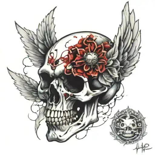 broken skull, halo, price tag tattoo design idea