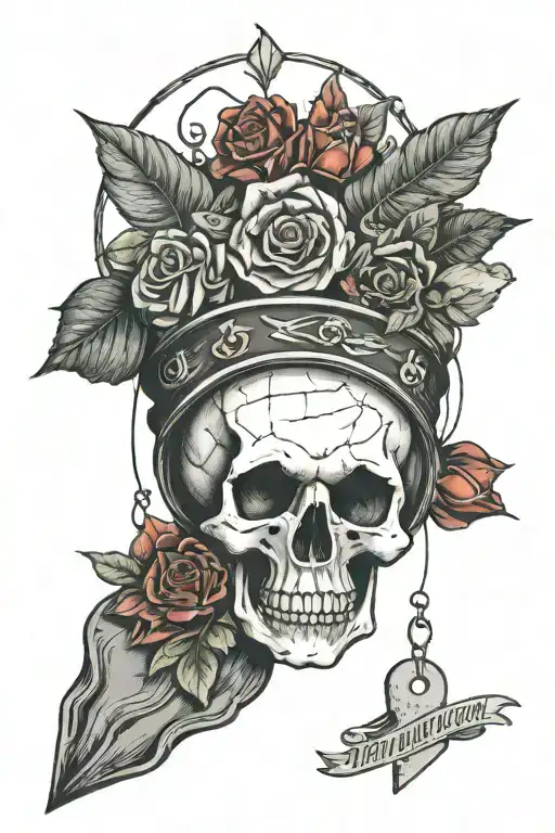 broken skull with a halo and price tag hanging off tattoo design idea