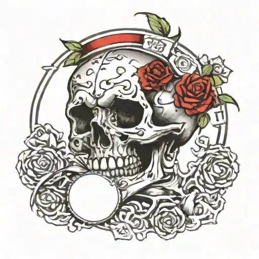 broken skull with halo and price tag tattoo design idea