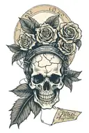 broken skull with a halo and price tag hanging off tattoo design idea