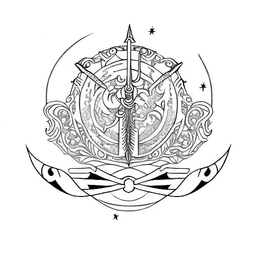 feminine sword with moon celestial crown  tattoo design idea