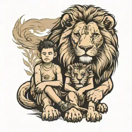 A father and son sit together with a lion tattoo design idea
