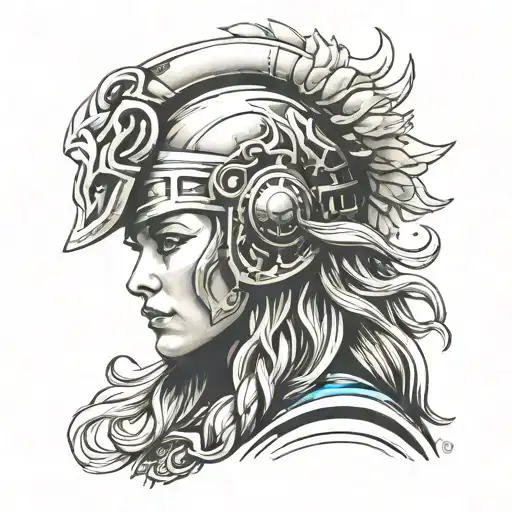 warrior goddess side face portrait, Thor style helmet, smokey background tattoo design idea