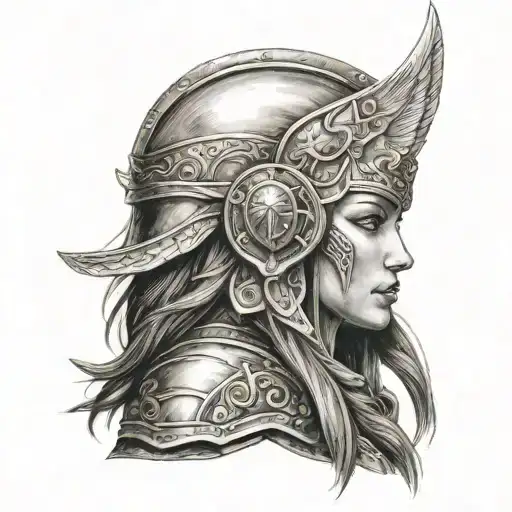 beautiful warrior goddess, side face portrait, winged helmet, warcraft style tattoo design idea