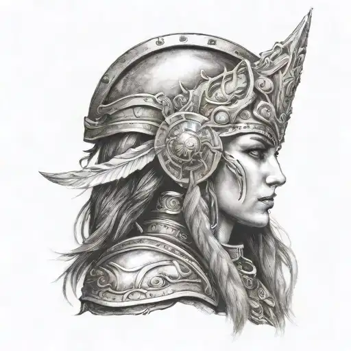 beautiful warrior goddess, side face portrait, warcraft style, smokey background  tattoo design idea