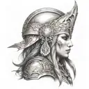 beautiful warrior goddess, side face portrait, warcraft style, smokey background  tattoo design idea