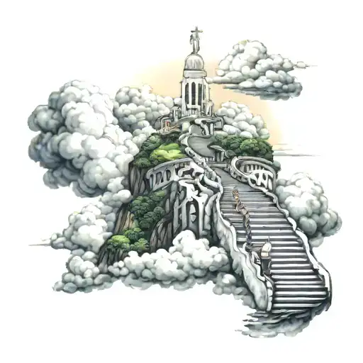 heaven staircase with clouds on top of the city of Rio de janeiro, gemini sign< and jesus tattoo design idea