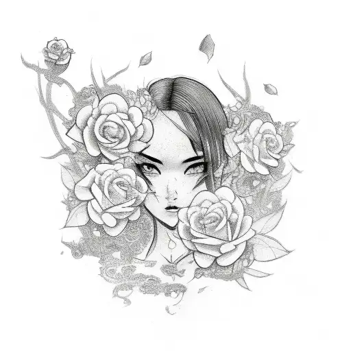 A sketch-style tattoo of a sim character surrounded by flying dragons and roses tattoo design idea
