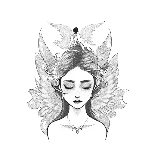 A design featuring a sim character surrounded by angels and fairies tattoo design idea