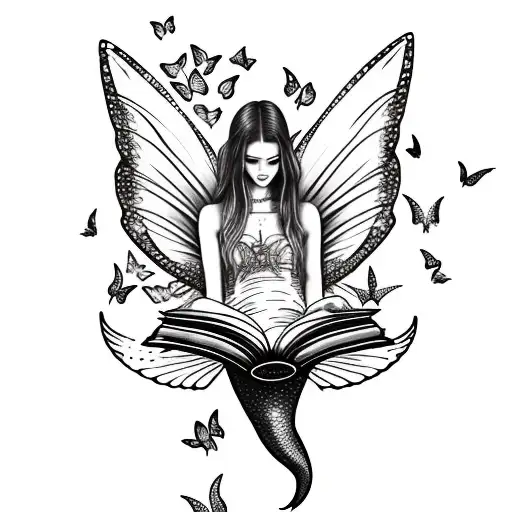 mermaid with fairy wings, reading books. butterflies. full moon tattoo design idea