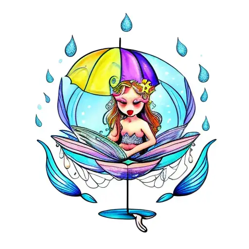 mermaid with fairy wings reading fairytales, under a magic umbrella  tattoo design idea