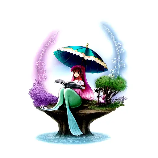 mermaid with fairy wings reading fairytales, under a magic umbrella  tattoo design idea