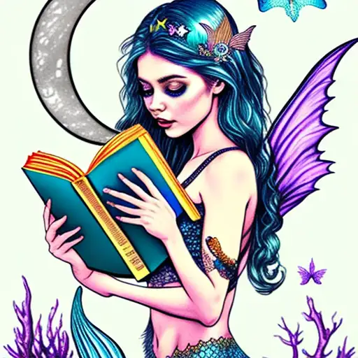 moon. mermaid with fairy wings, reading books. mermaid tail. magic, butterflies  tattoo design idea