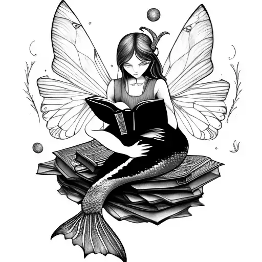 mermaid with fairy wings, reading books. butterflies. full moon tattoo design idea
