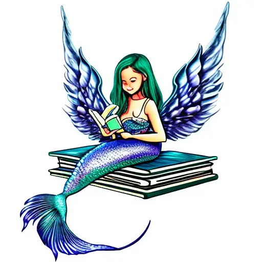 mermaid with wings, reading books. sitting on a cresent moon, surrounded by magic swirls  tattoo design idea