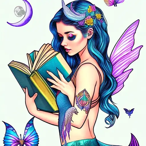 moon. mermaid with fairy wings, reading books. mermaid tail. magic, butterflies  tattoo design idea