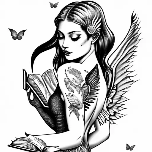 full moon. mermaid with wings, reading books. butterflies  tattoo design idea