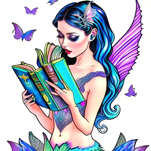 moon. mermaid with fairy wings, reading books. mermaid tail. magic, butterflies  tattoo design idea