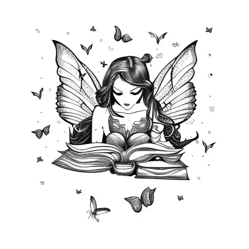 mermaid with fairy wings, reading books. butterflies. full moon tattoo design idea