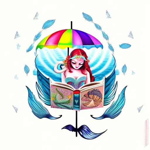 mermaid with fairy wings reading fairytales, under an umbrella made out of books tattoo design idea