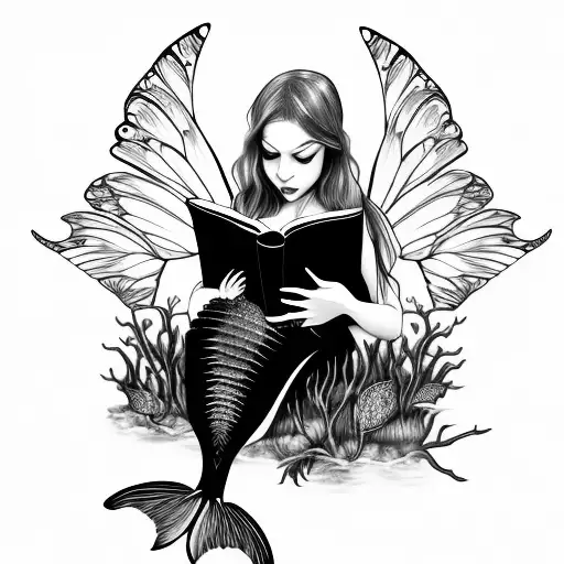 mermaid with fairy wings, reading books. butterflies. full moon tattoo design idea