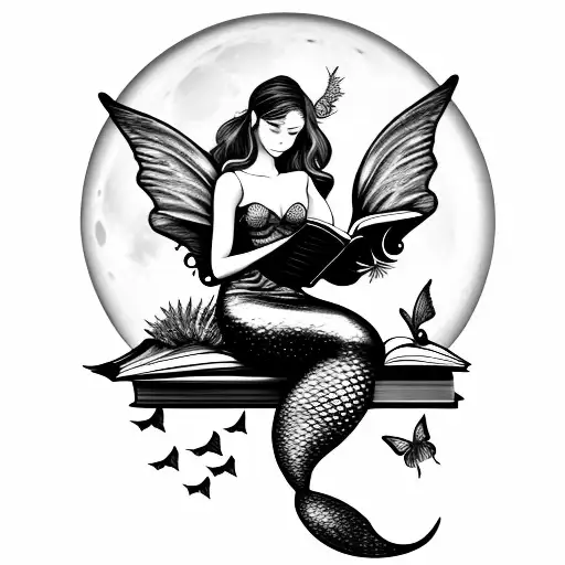 mermaid with fairy wings, reading books. butterflies. full moon tattoo design idea
