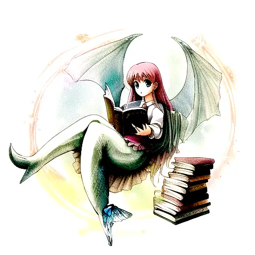 mermaid with wings, reading books. sitting on books. magic swirling around. tattoo design idea