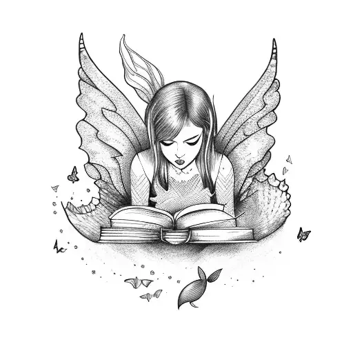 mermaid with fairy wings, reading books. butterflies. full moon tattoo design idea