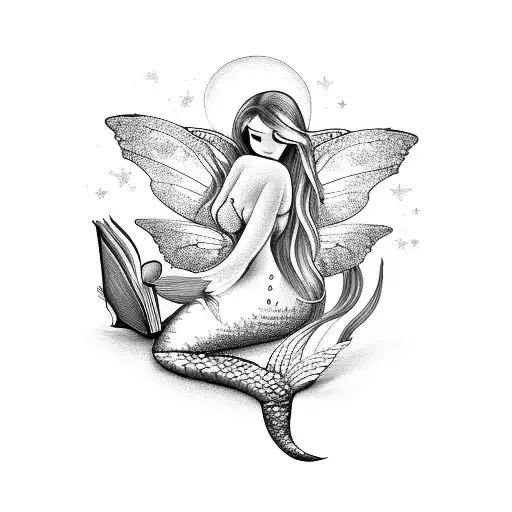 mermaid with fairy wings, reading books. butterflies. full moon tattoo design idea