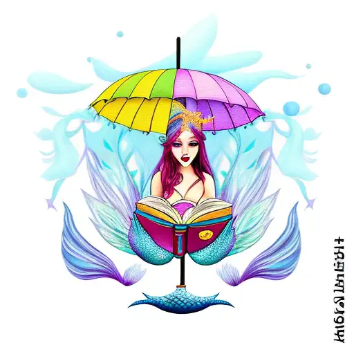 mermaid fairy reading fairytales, under an umbrella made out of books tattoo design idea