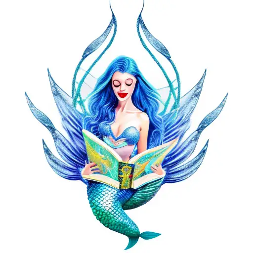 mermaid with fairy wings reading fairytales, under a magic umbrella  tattoo design idea