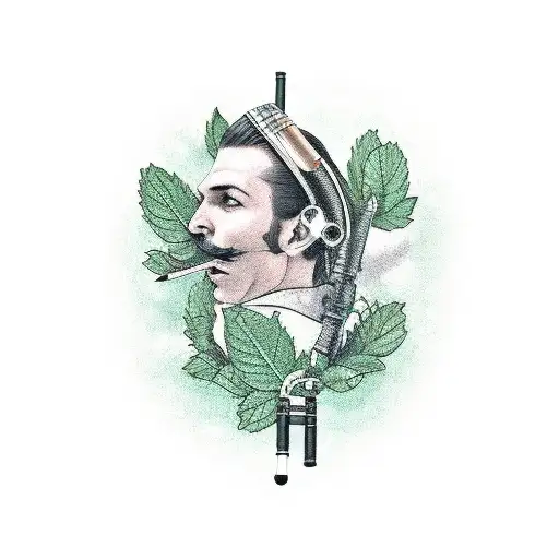 tabacco pipe with mint leaves tattoo design idea