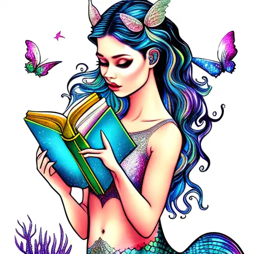 mermaid with fairy wings, reading books. butterflies. full moon. mermaid tail. magicbutterflies  tattoo design idea