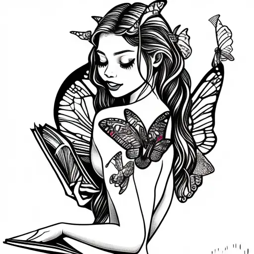 mermaid with fairy wings, reading books. butterflies. full moon. mermaid tail. magicbutterflies  tattoo design idea