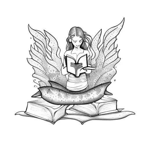 mermaid with wings, reading books. sitting on books. magic swirling around. tattoo design idea