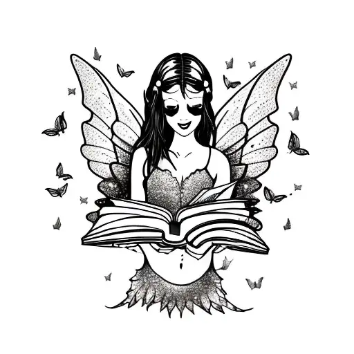 mermaid with fairy wings, reading books. butterflies. full moon tattoo design idea
