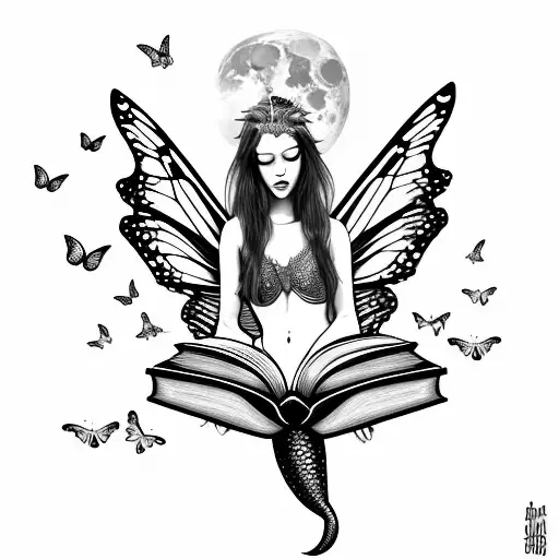 mermaid with fairy wings, reading books. butterflies. full moon tattoo design idea