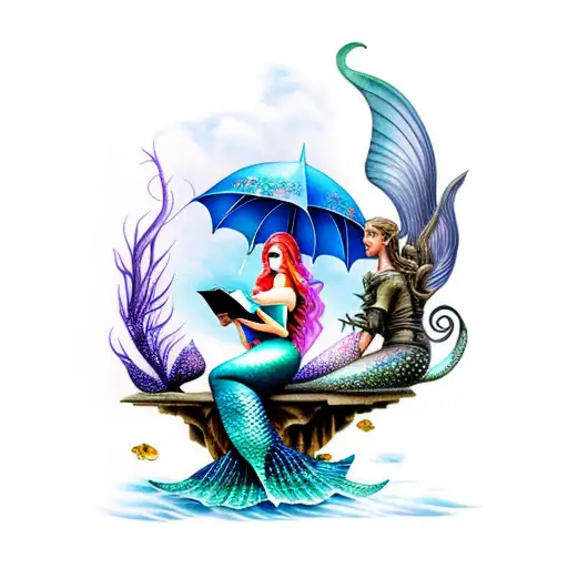 mermaid with fairy wings reading fairytales, under a magic umbrella  tattoo design idea